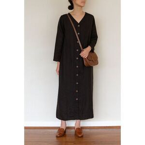 Russ bernes black 100% linen long sleeve button down maxi dress Womens Size M